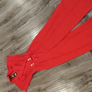 🆕 Red Silky Wide Leg Lapel Collared Jumpsuit